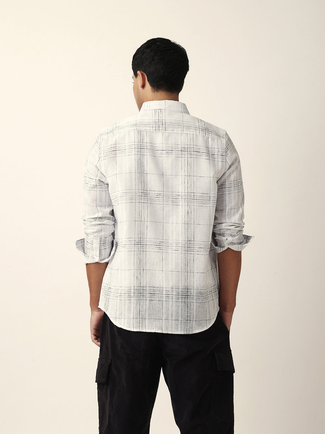 White Woven Checked Slim Fit Casual Shirt