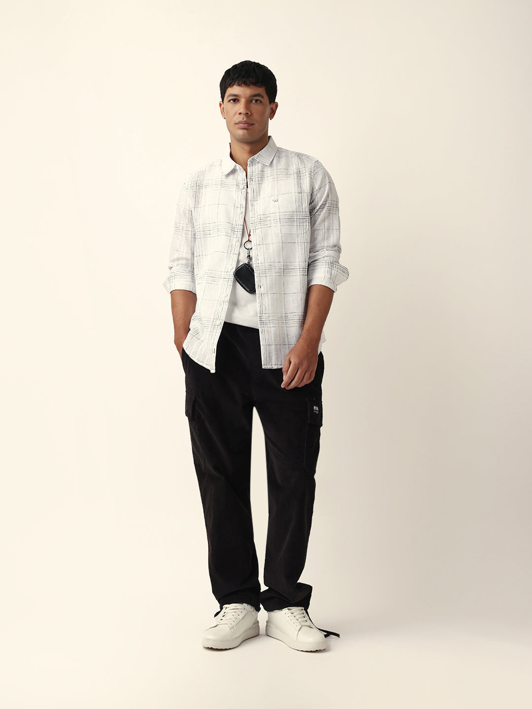 White Woven Checked Slim Fit Casual Shirt