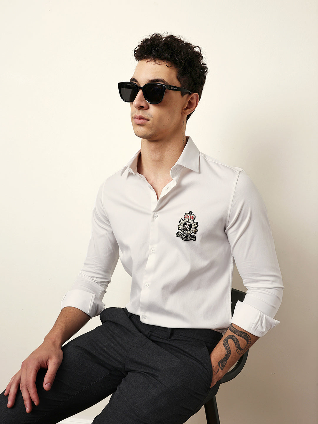 White Tailored Fit Regal Crest Embroidery Formal Party Shirt