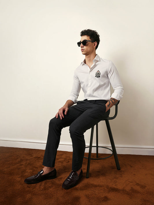 White Tailored Fit Regal Crest Embroidery Formal Party Shirt