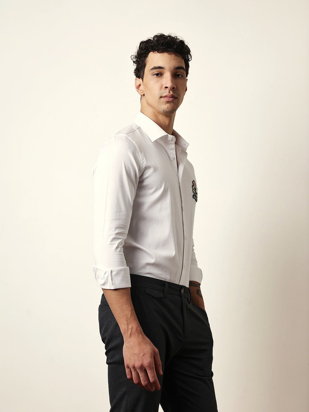 White Tailored Fit Regal Crest Embroidery Formal Party Shirt