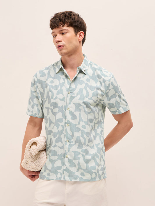 Blue Relax Fit Casual Shirt with Abstract Geometric Print