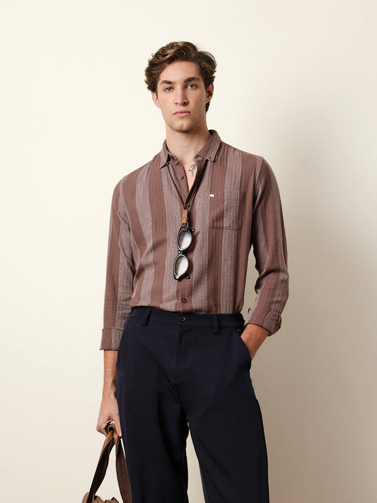 Brown Woven Vertical Stripes Slim Fit Casual Shirt