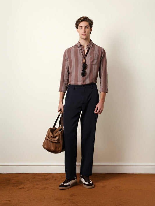 Brown Woven Vertical Stripes Slim Fit Casual Shirt