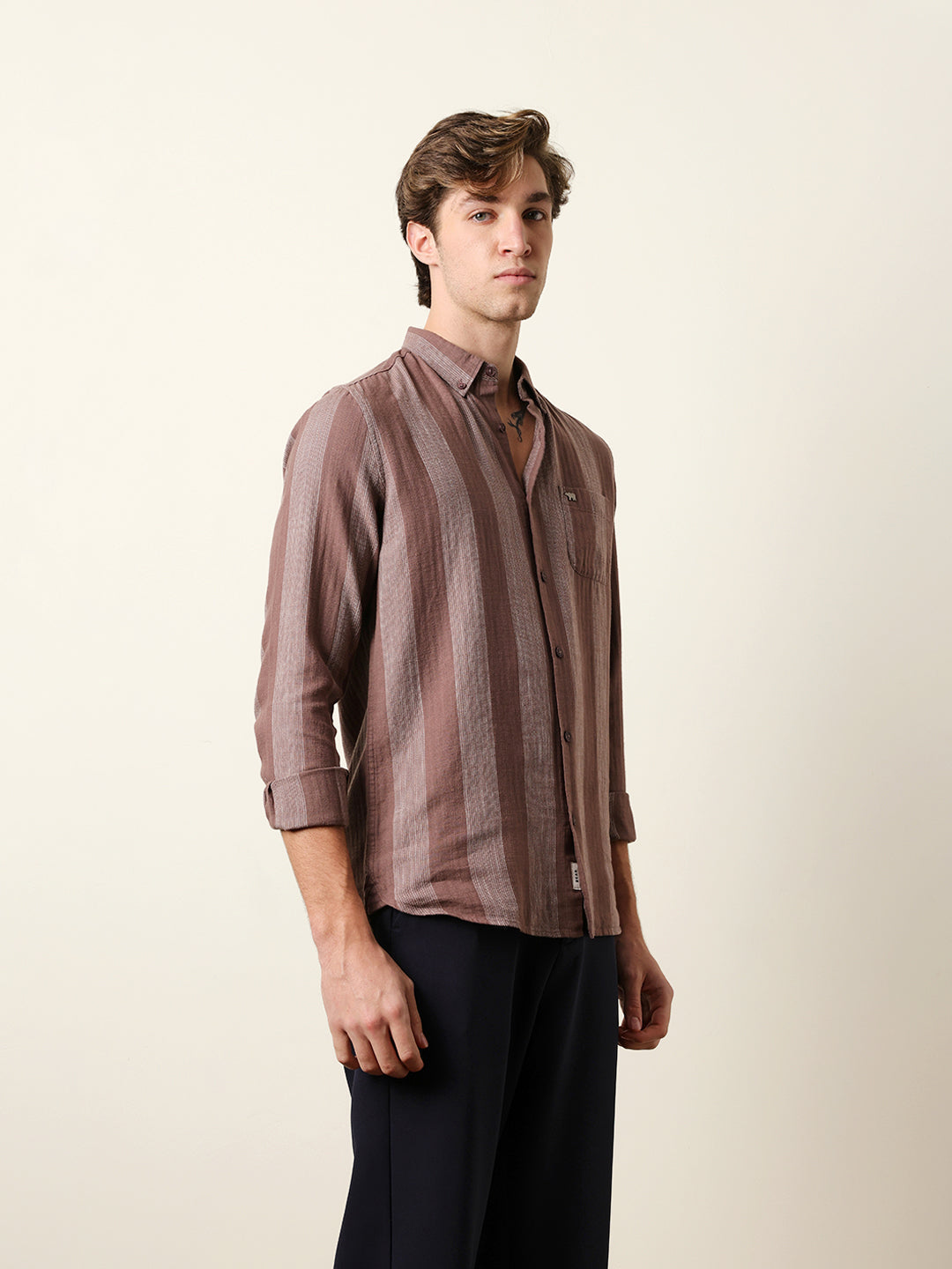 Brown Woven Vertical Stripes Slim Fit Casual Shirt