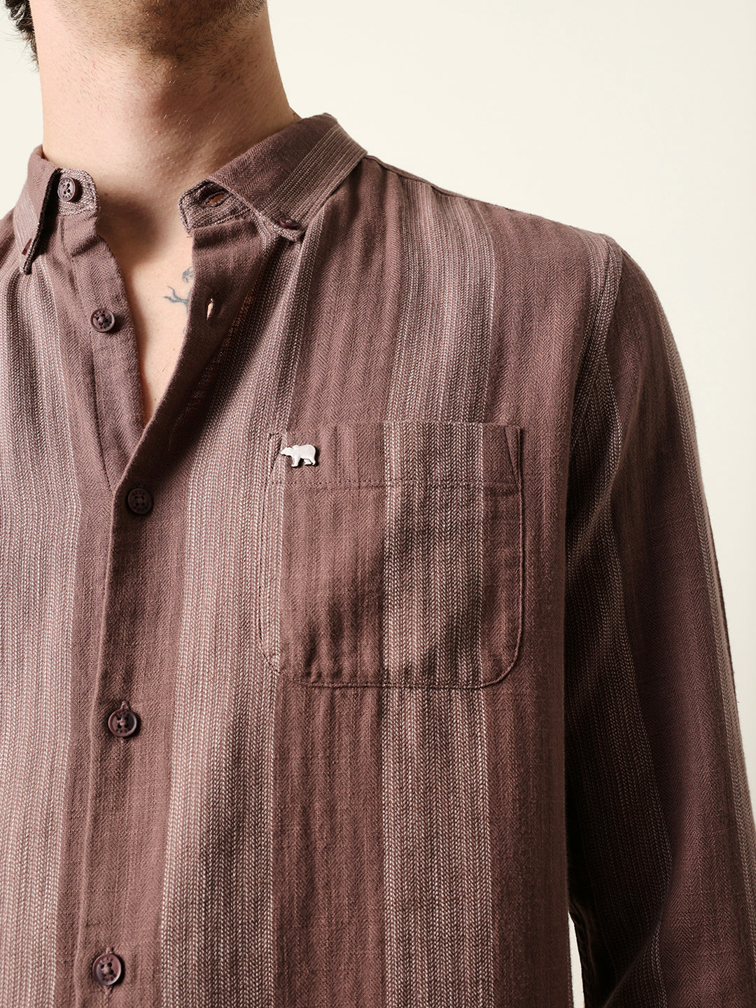 Brown Woven Vertical Stripes Slim Fit Casual Shirt