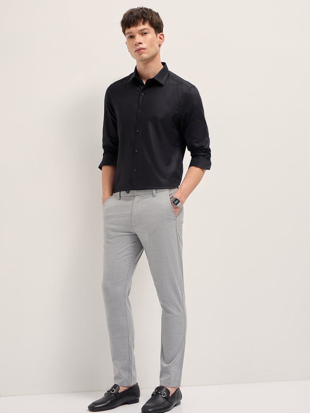 Black Woven Design Tailored Fit Formal Shirt