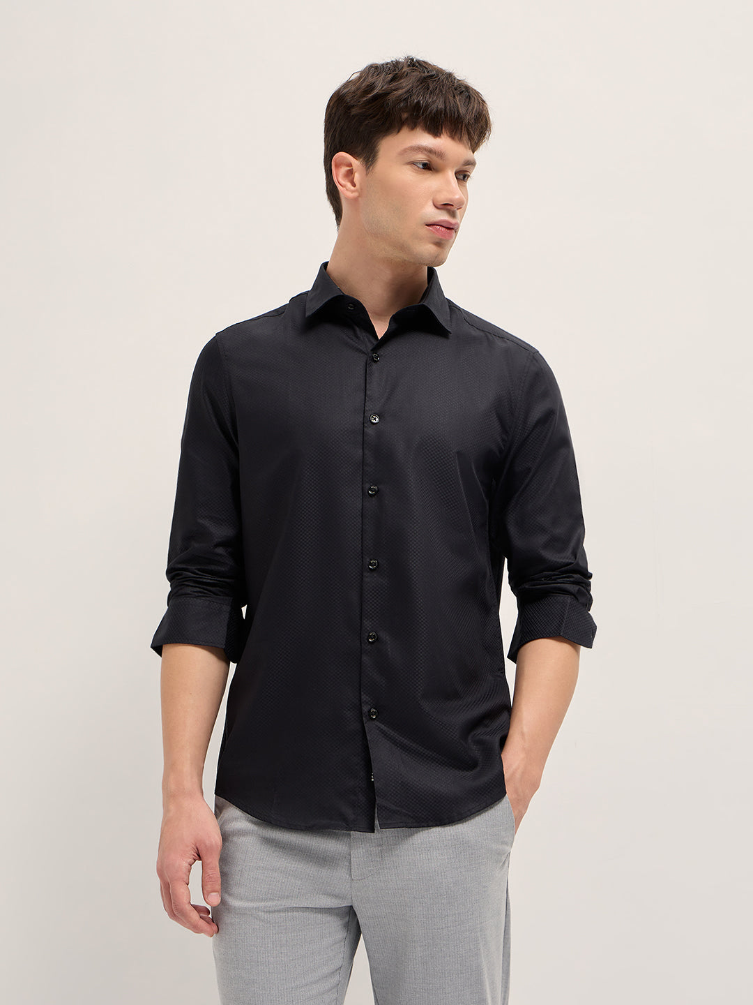 Black Woven Design Tailored Fit Formal Shirt