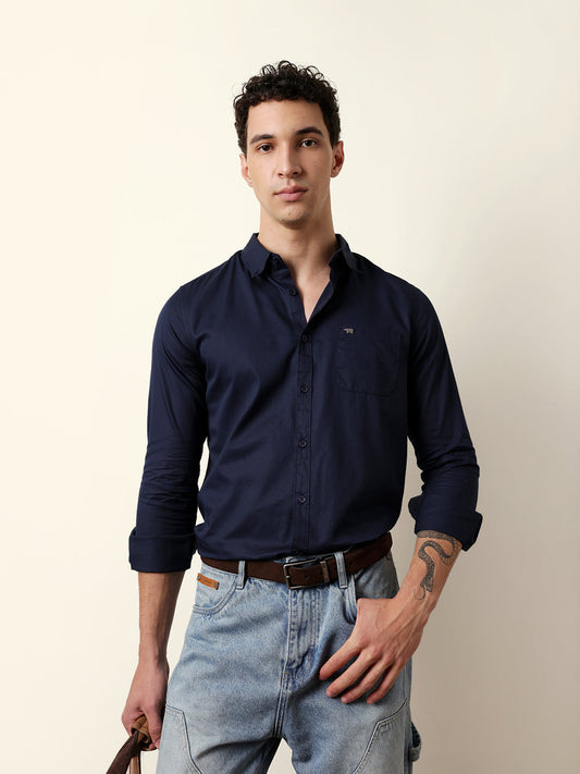 Navy Solid Slim-Fit Casual Shirt with Button-Down Collar