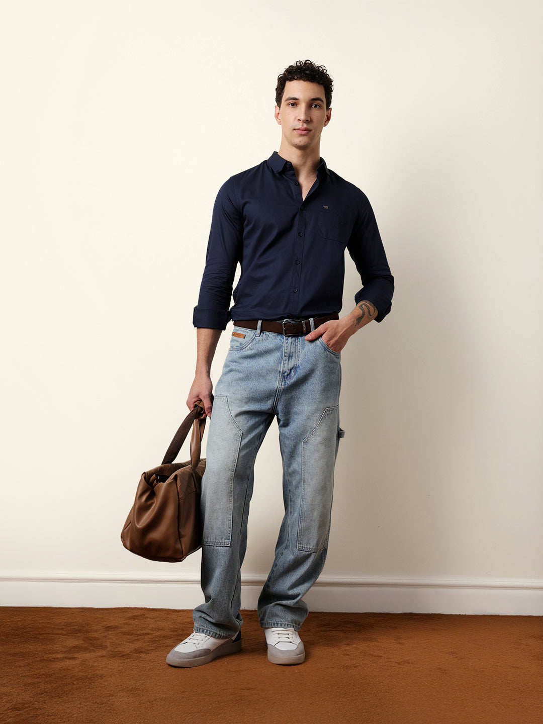 Navy Solid Slim-Fit Casual Shirt with Button-Down Collar