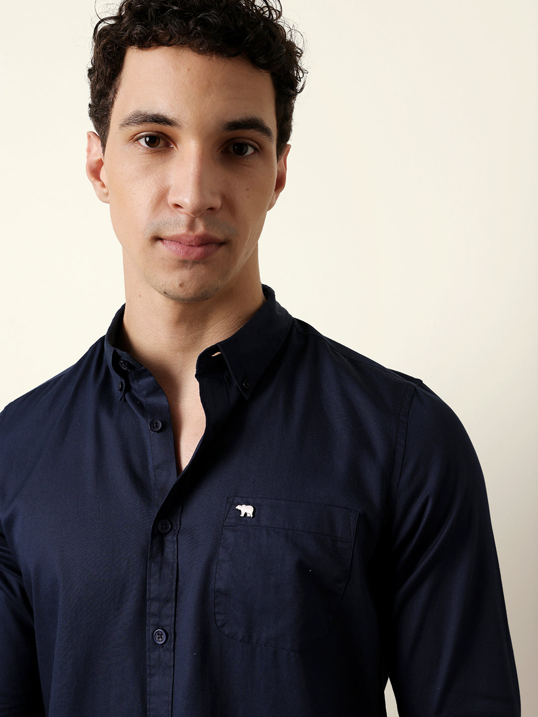 Navy Solid Slim-Fit Casual Shirt with Button-Down Collar