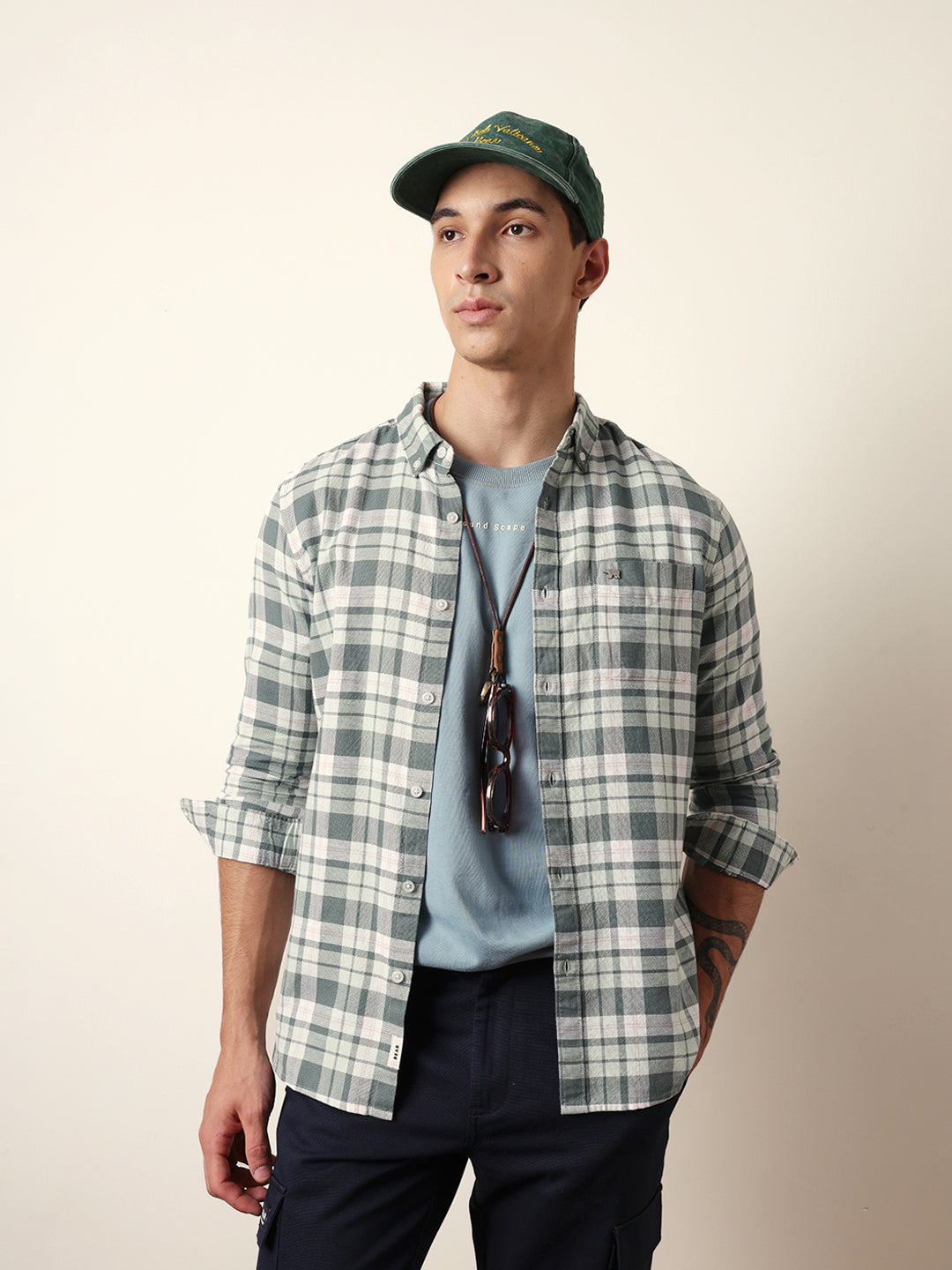 Green Woven Tartan Checked Slim Fit Casual Shirt