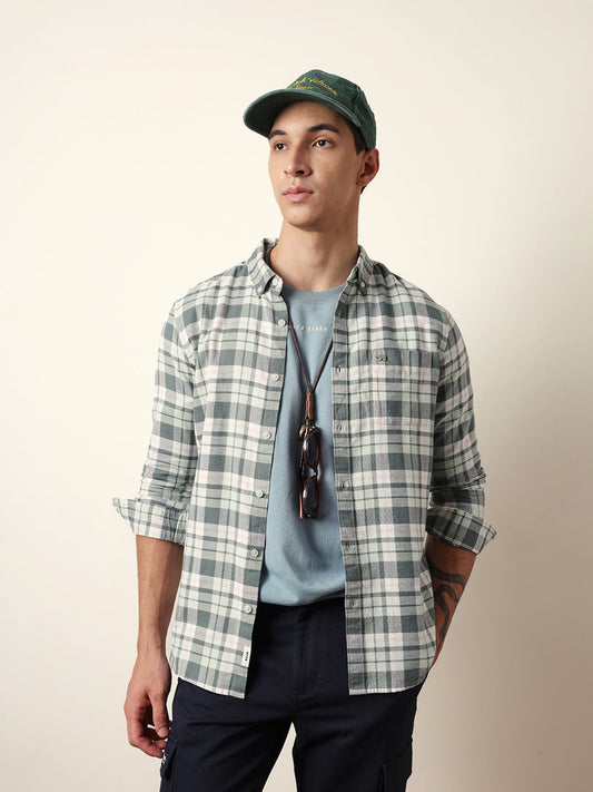 Green Woven Tartan Checked Slim Fit Casual Shirt