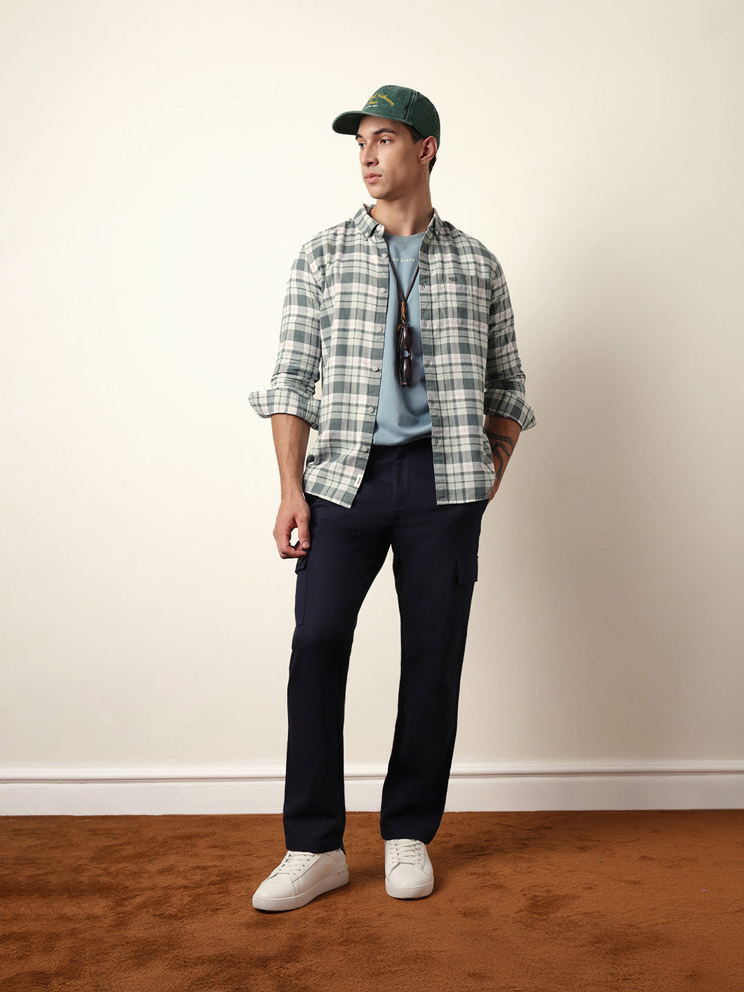 Green Woven Tartan Checked Slim Fit Casual Shirt