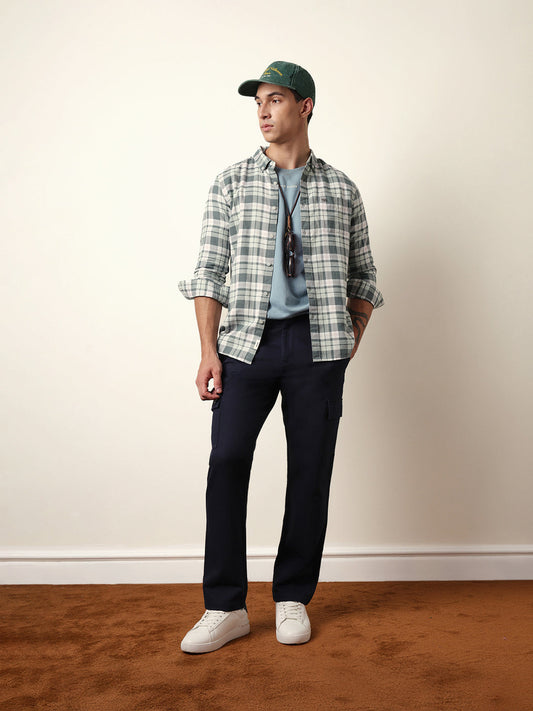 Green Woven Tartan Checked Slim Fit Casual Shirt
