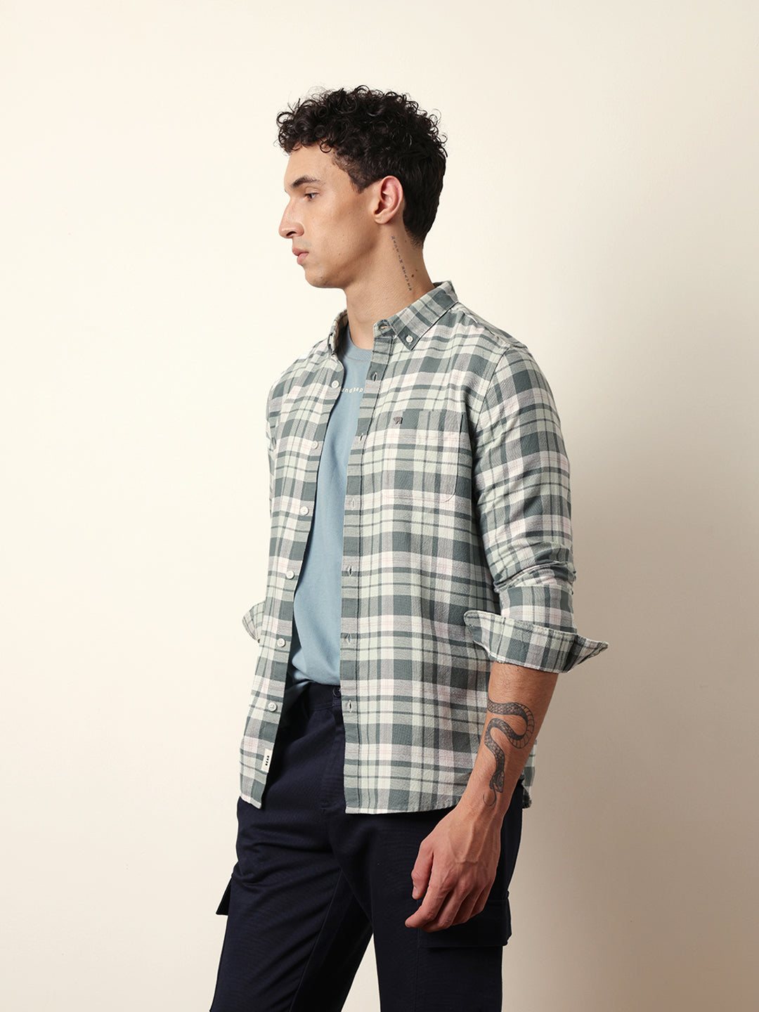 Green Woven Tartan Checked Slim Fit Casual Shirt