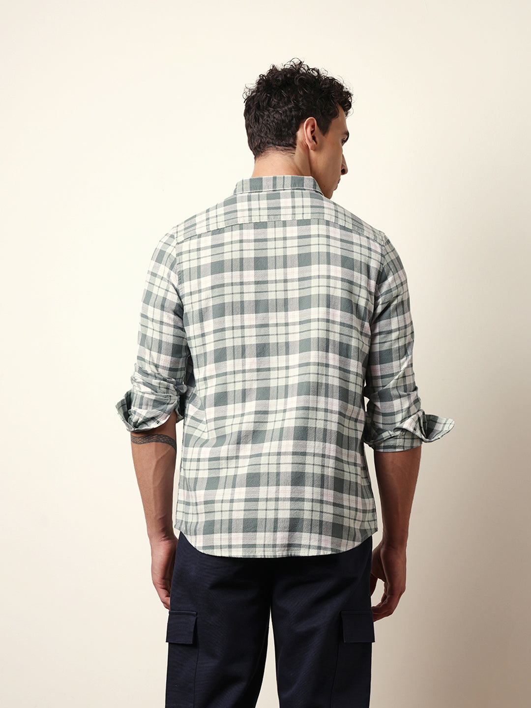 Green Woven Tartan Checked Slim Fit Casual Shirt