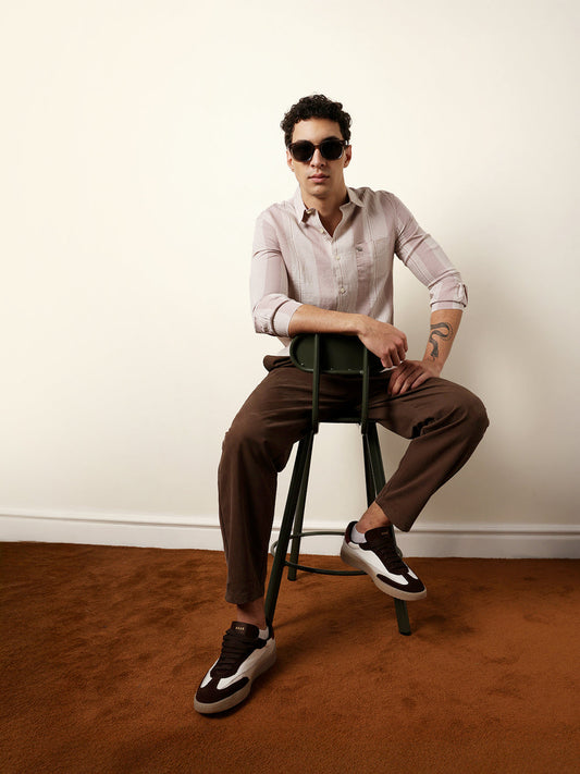 Pink Vertical Woven Stripe Slim Fit Casual Shirt