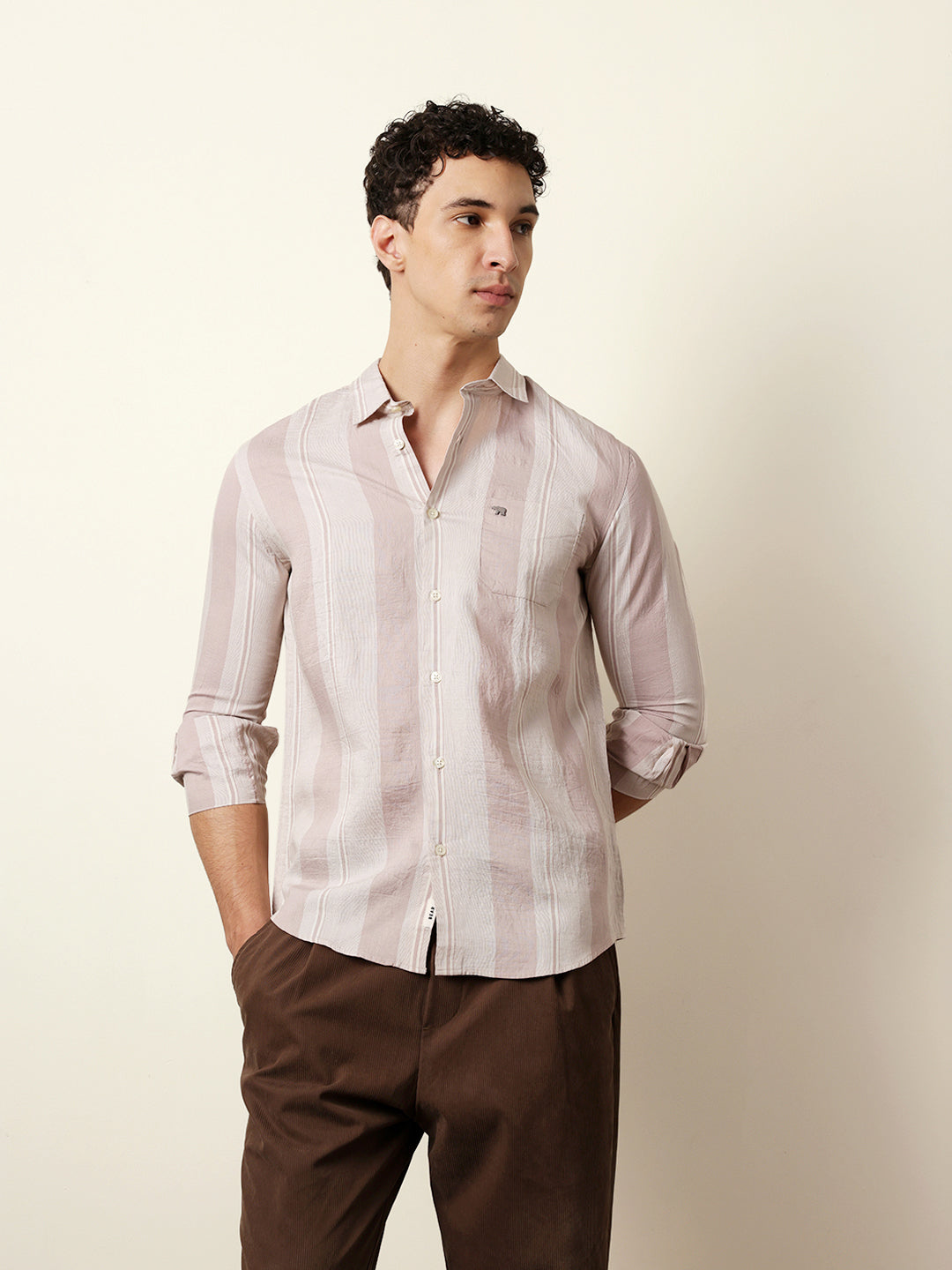 Pink Vertical Woven Stripe Slim Fit Casual Shirt