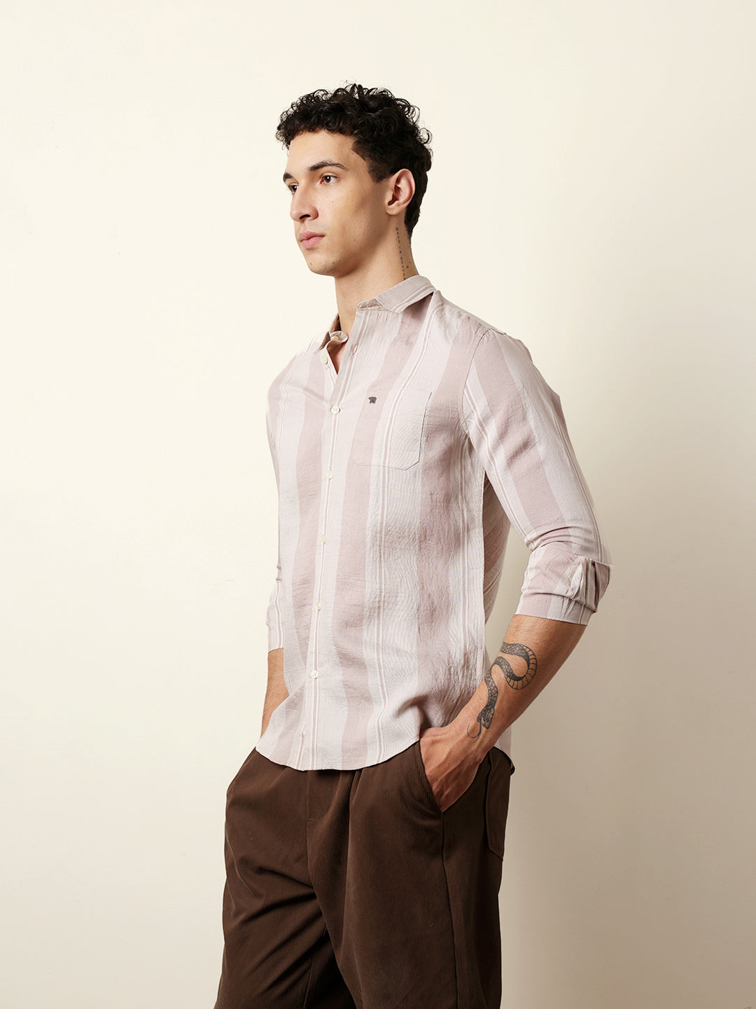 Pink Vertical Woven Stripe Slim Fit Casual Shirt
