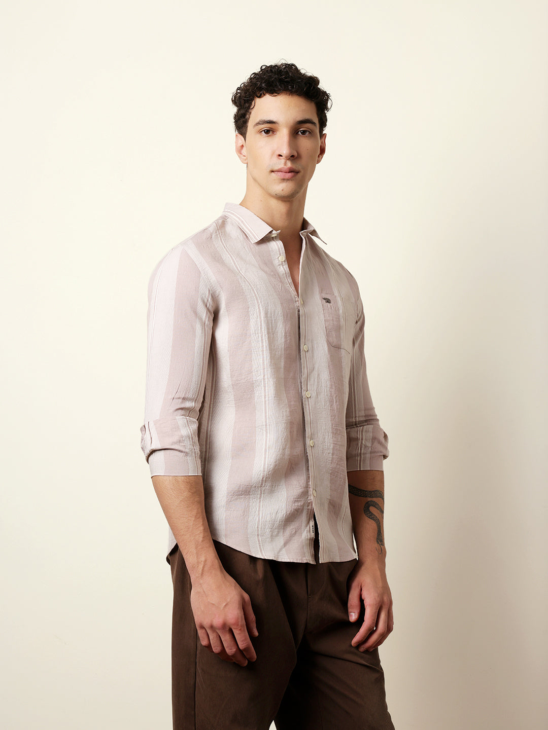 Pink Vertical Woven Stripe Slim Fit Casual Shirt