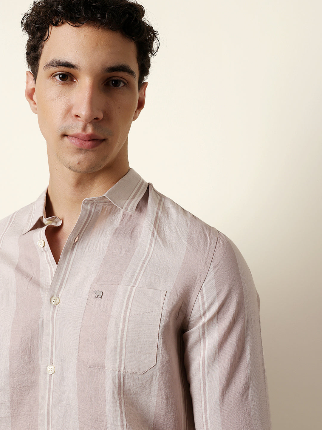 Pink Vertical Woven Stripe Slim Fit Casual Shirt
