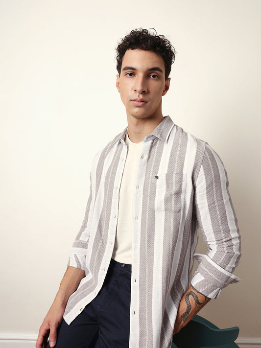 Multicolor Vertical Striped Slim Fit Casual Shirt with Woven-Effect Design