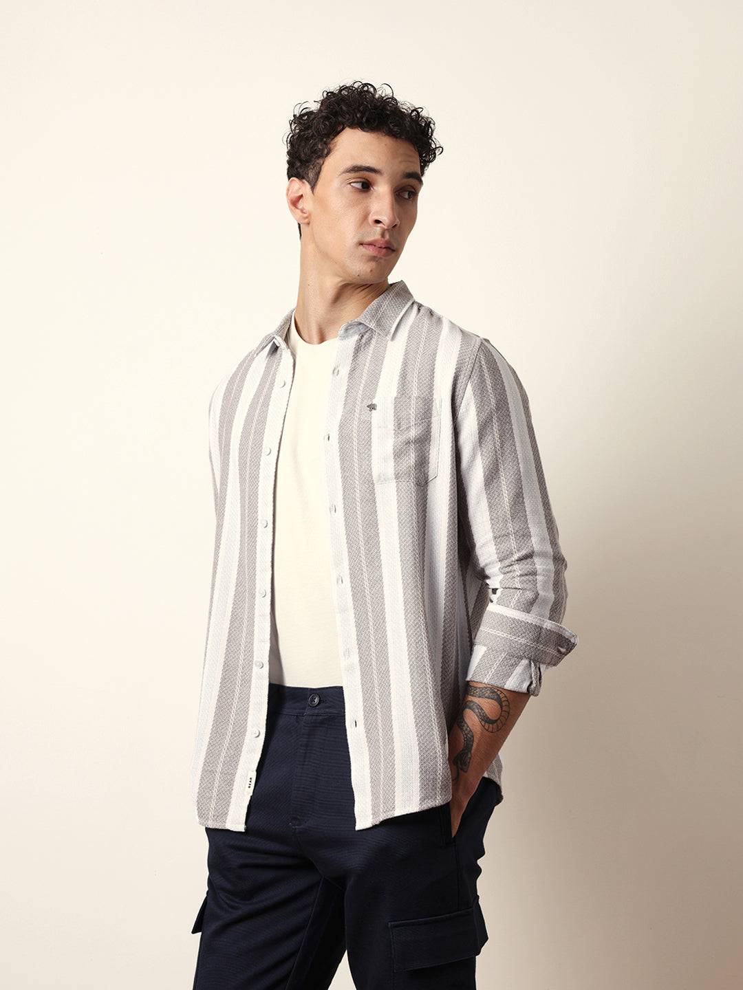 Multicolor Vertical Striped Slim Fit Casual Shirt with Woven-Effect Design
