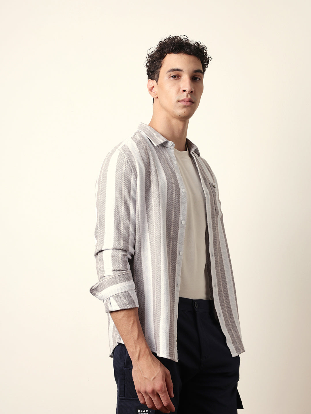 Multicolor Vertical Striped Slim Fit Casual Shirt with Woven-Effect Design