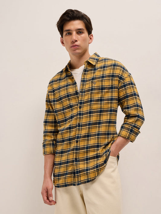 Yellow with Teal Checked Cotton Relaxed Fit Casual Shirt