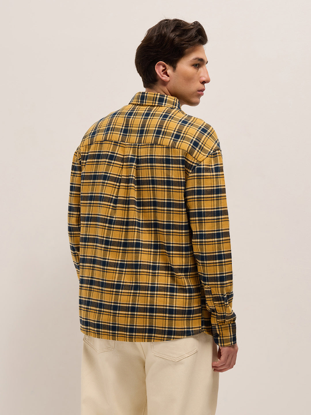 Yellow with Teal Checked Cotton Relaxed Fit Casual Shirt