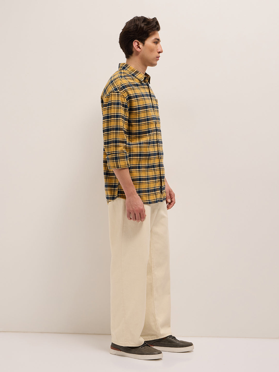 Yellow with Teal Checked Cotton Relaxed Fit Casual Shirt