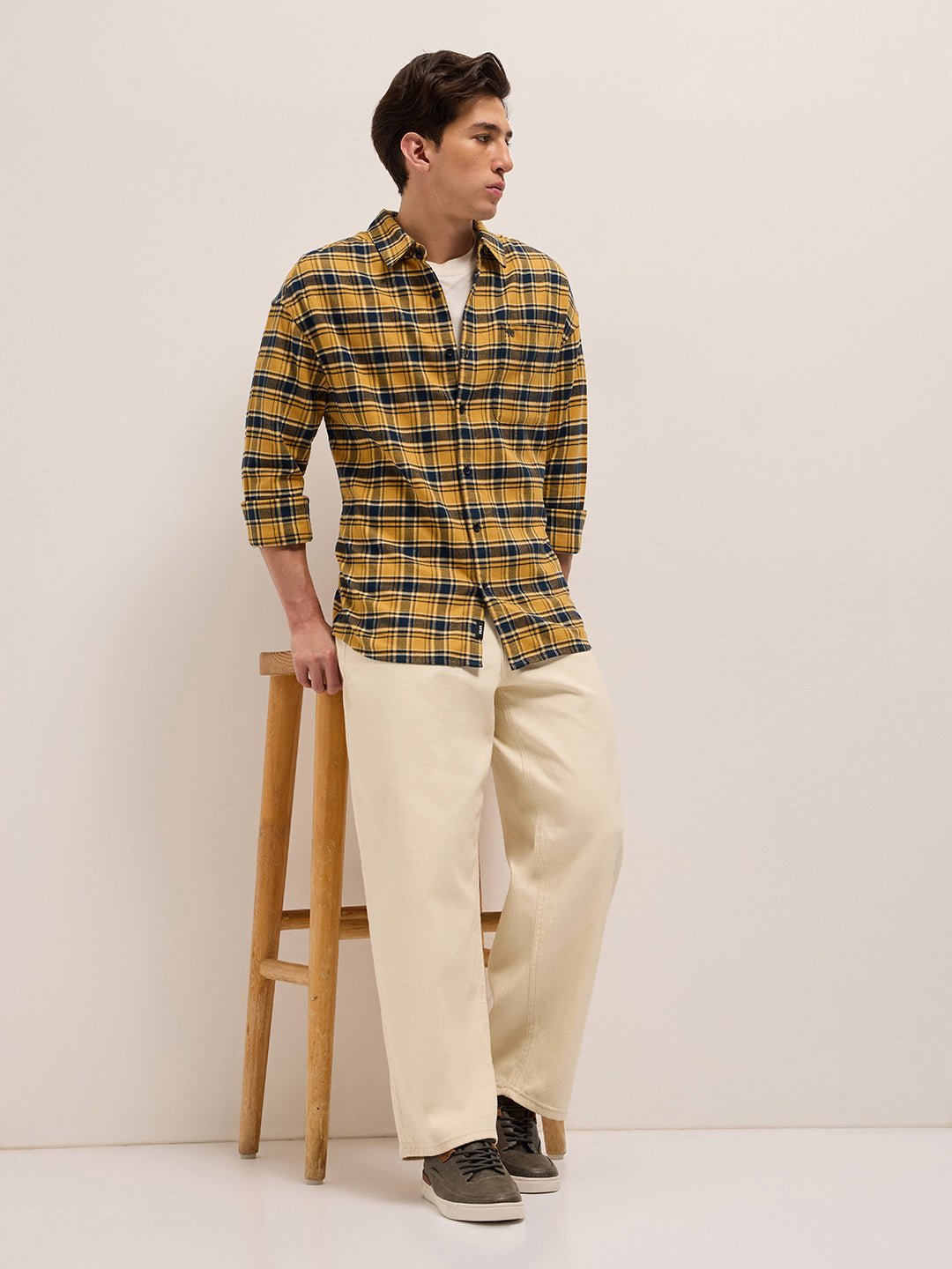 Yellow with Teal Checked Cotton Relaxed Fit Casual Shirt