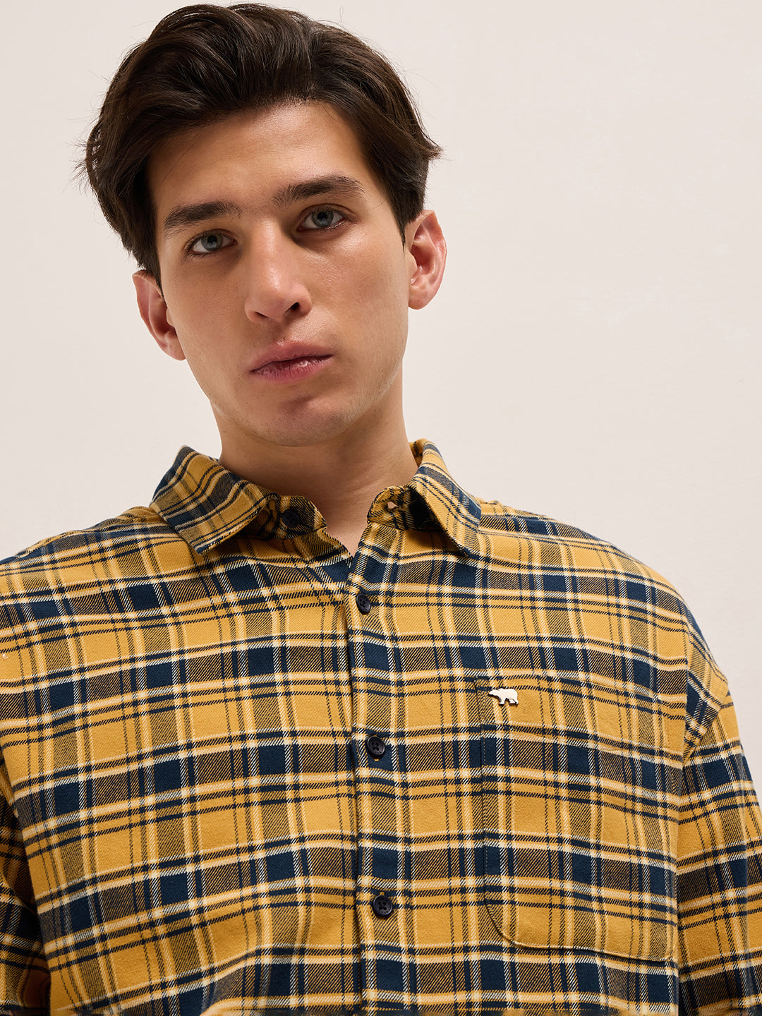 Yellow with Teal Checked Cotton Relaxed Fit Casual Shirt