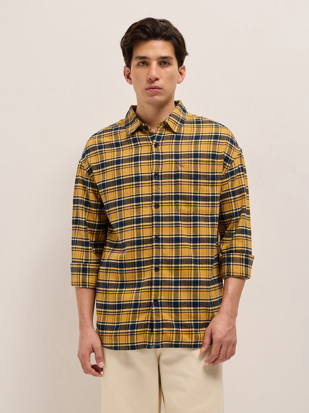 Yellow with Teal Checked Cotton Relaxed Fit Casual Shirt
