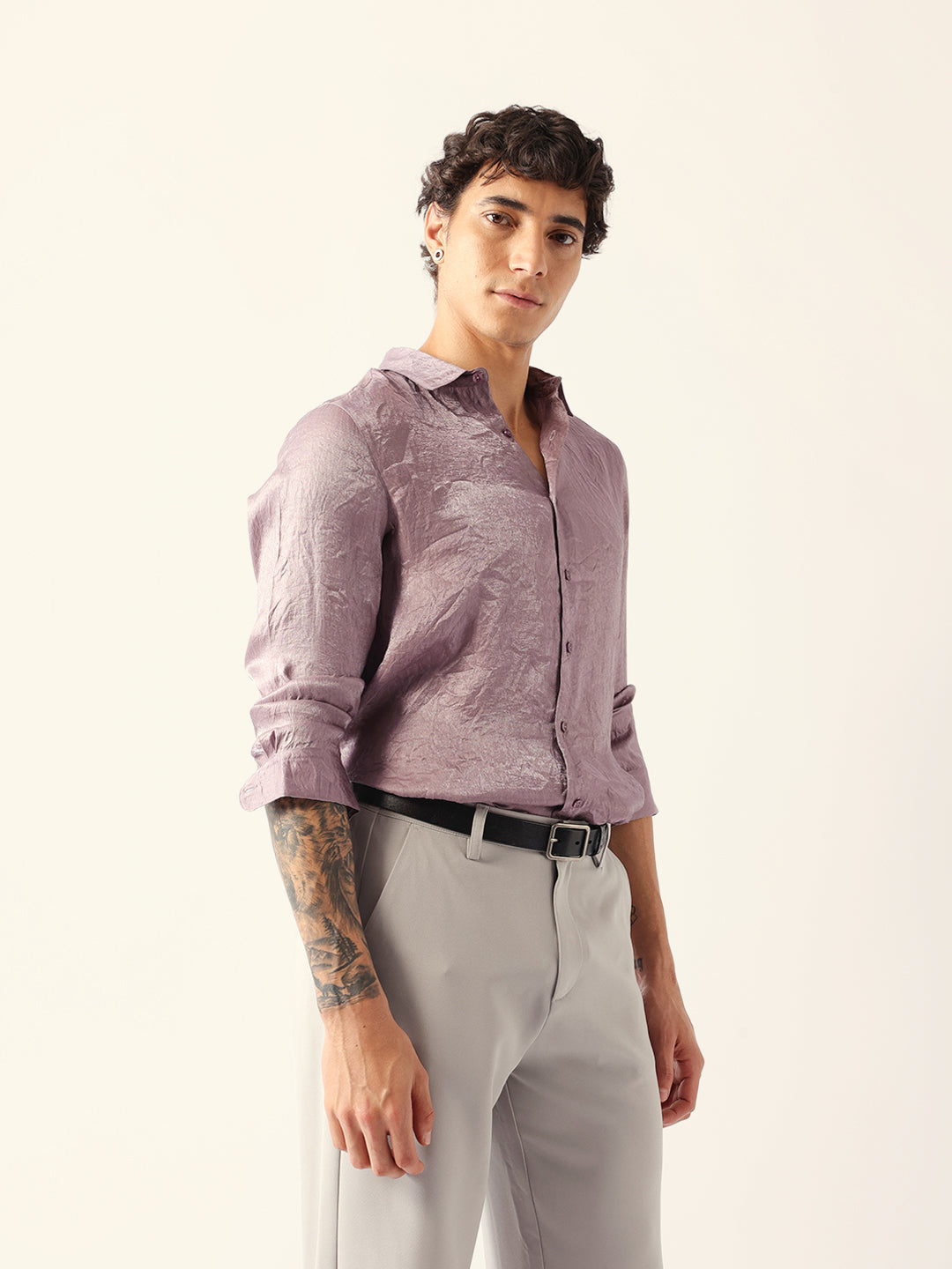 Light Purple Regular Fit Casual Shirt with Crinkle Effect & Subtle Sheen Finish