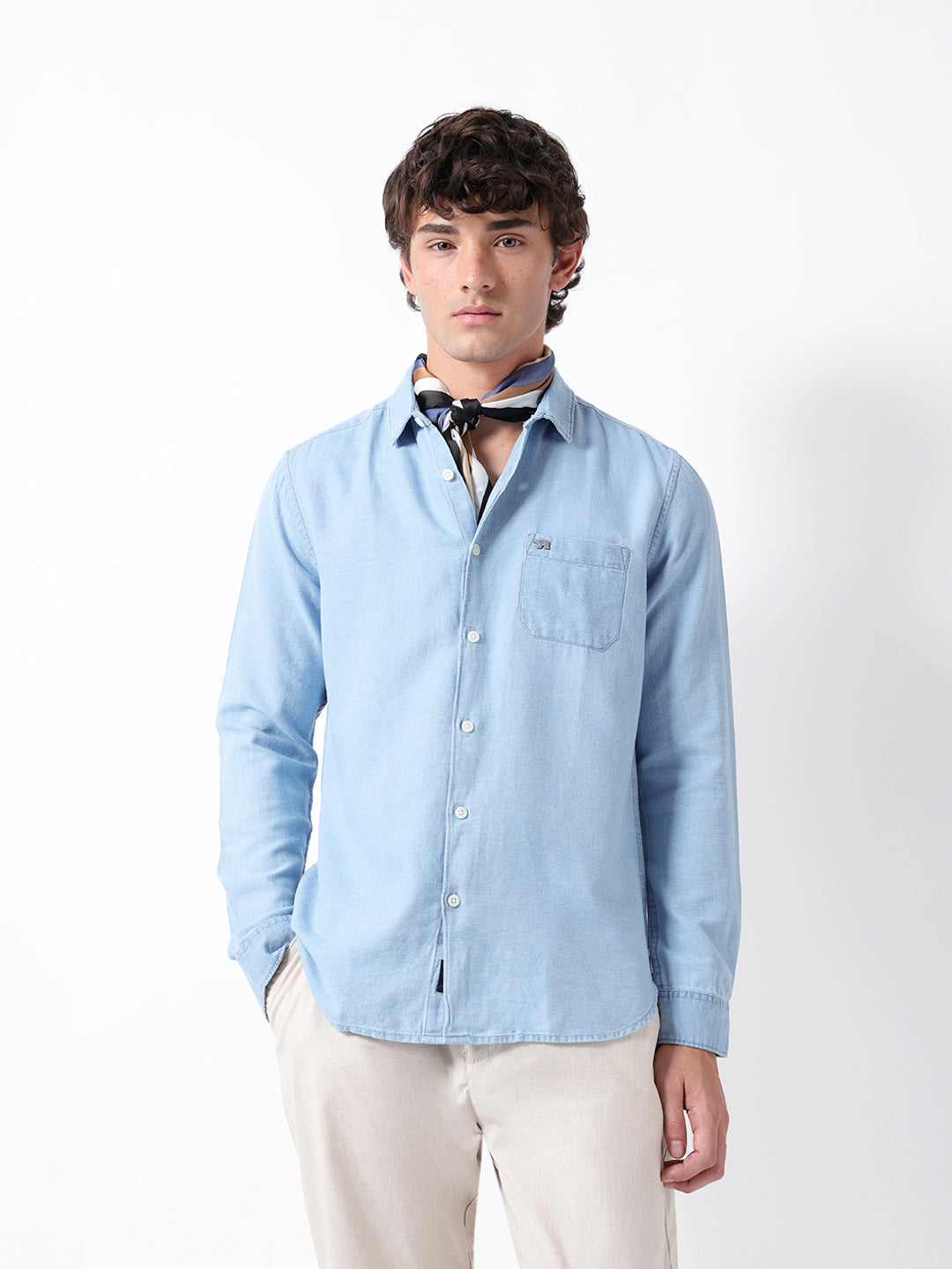 Light Blue Solid Slim Fit Woven Denim Casual Shirt
