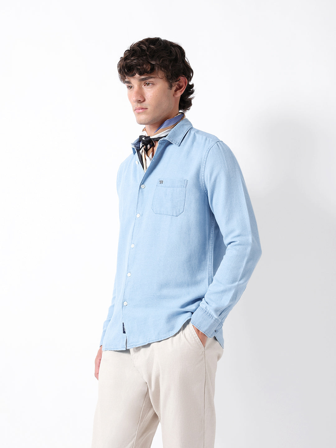 Light Blue Solid Slim Fit Woven Denim Casual Shirt