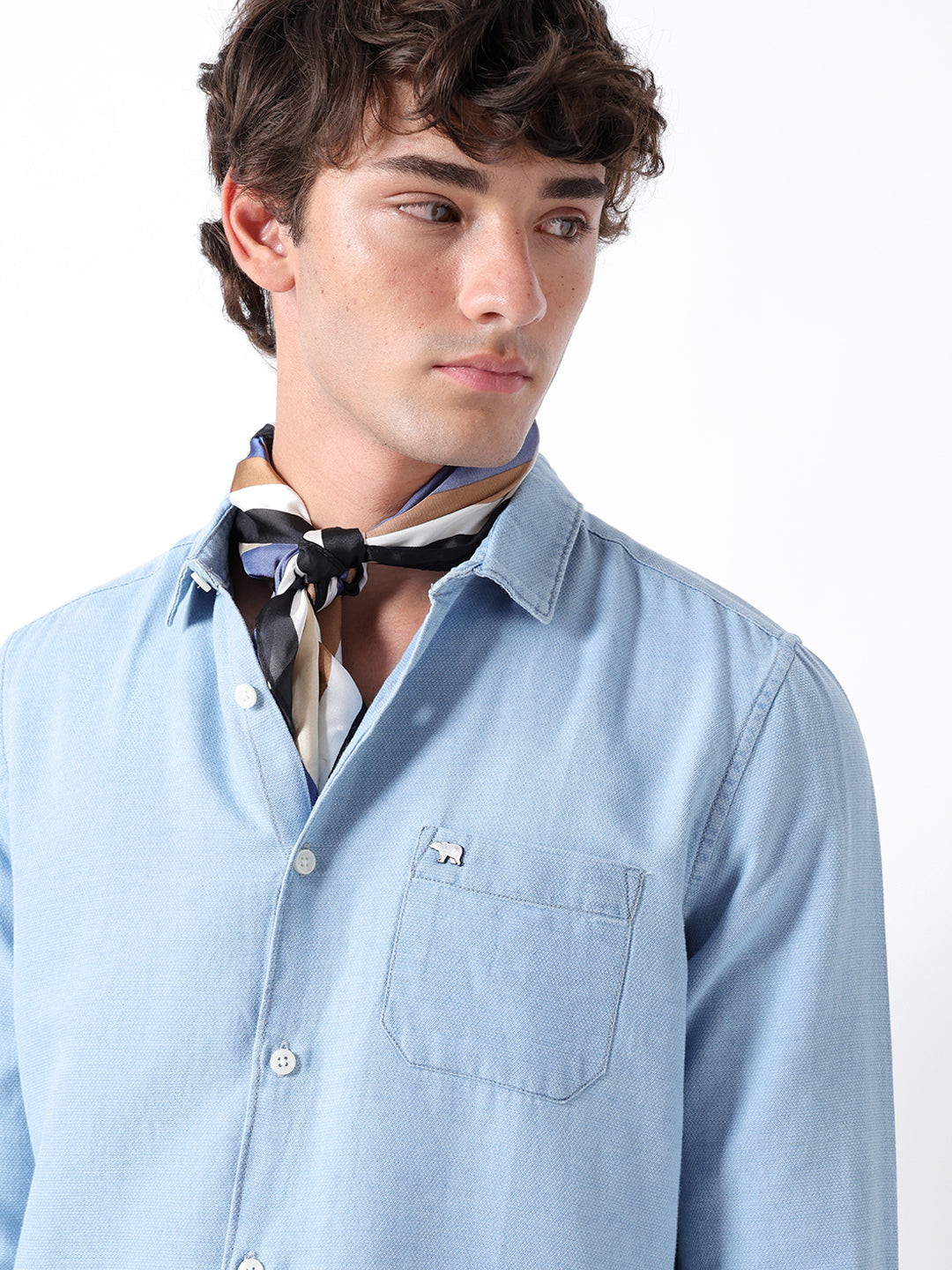 Light Blue Solid Slim Fit Woven Denim Casual Shirt