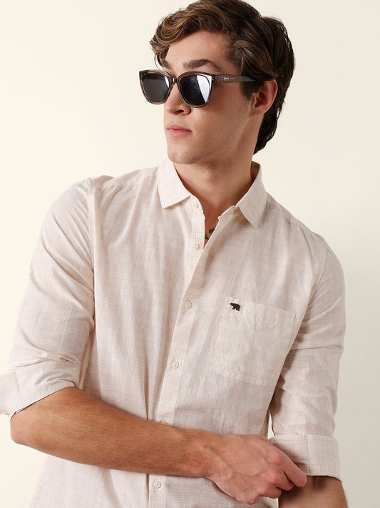 Orange & Off-White Woven Micro-Checked Slim-Fit Casual Shirt