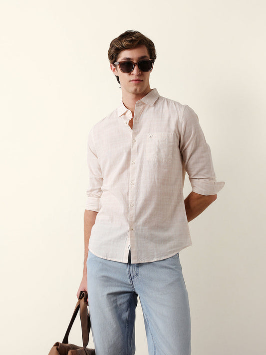 Orange & Off-White Woven Micro-Checked Slim-Fit Casual Shirt