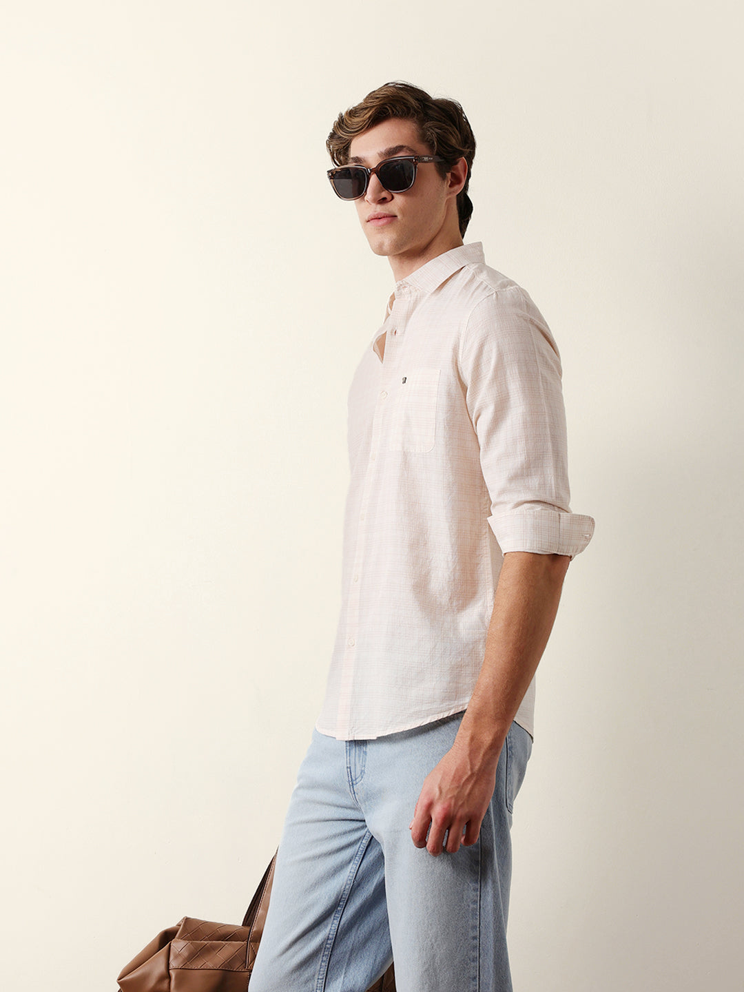 Orange & Off-White Woven Micro-Checked Slim-Fit Casual Shirt