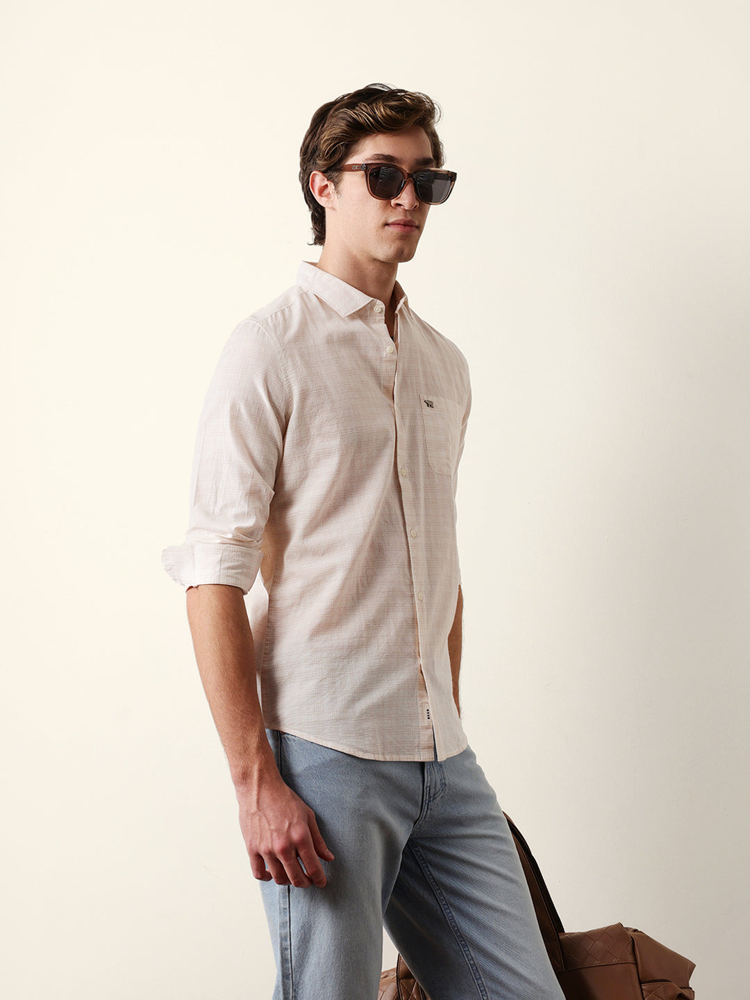 Orange & Off-White Woven Micro-Checked Slim-Fit Casual Shirt