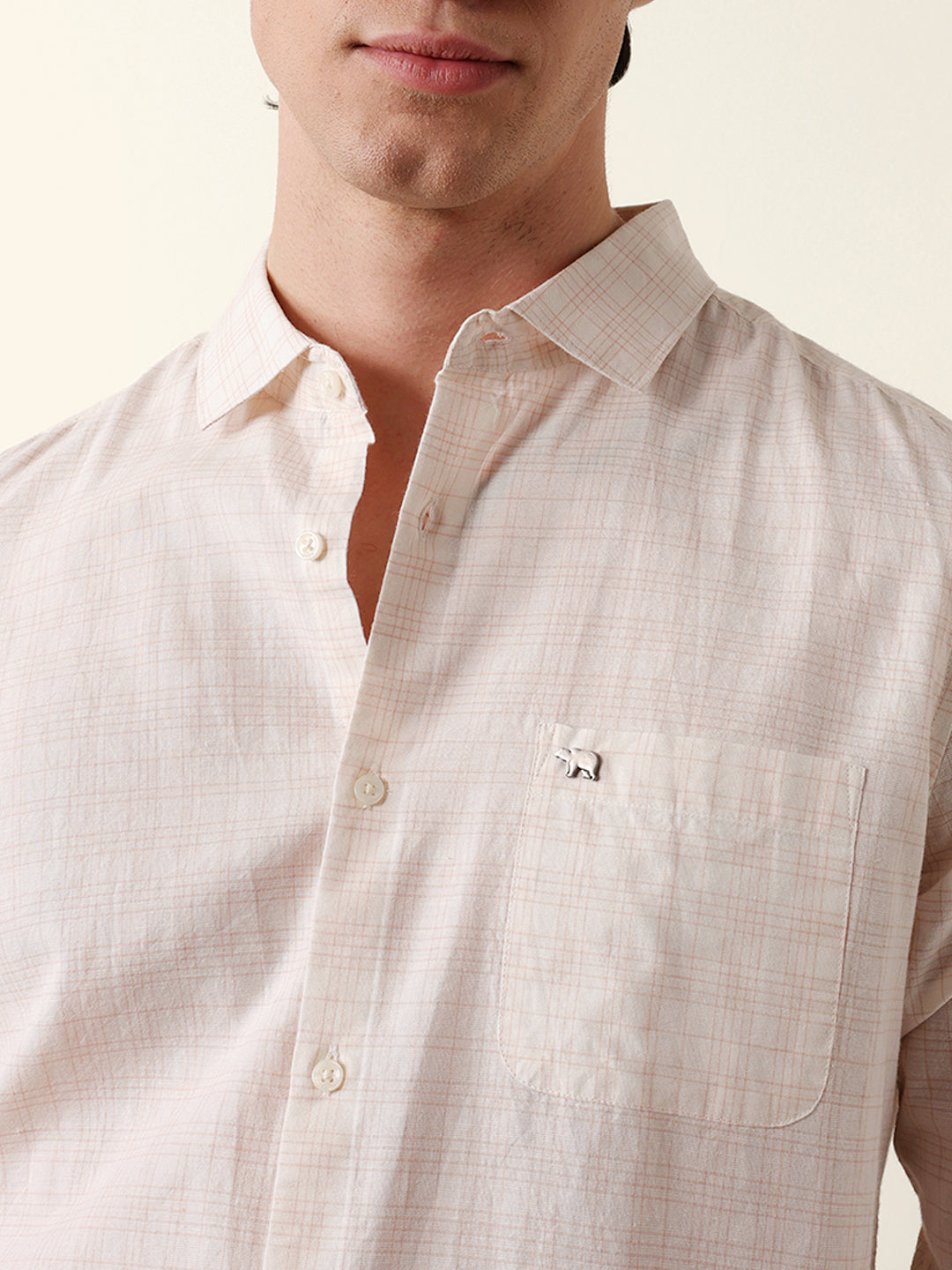 Orange & Off-White Woven Micro-Checked Slim-Fit Casual Shirt