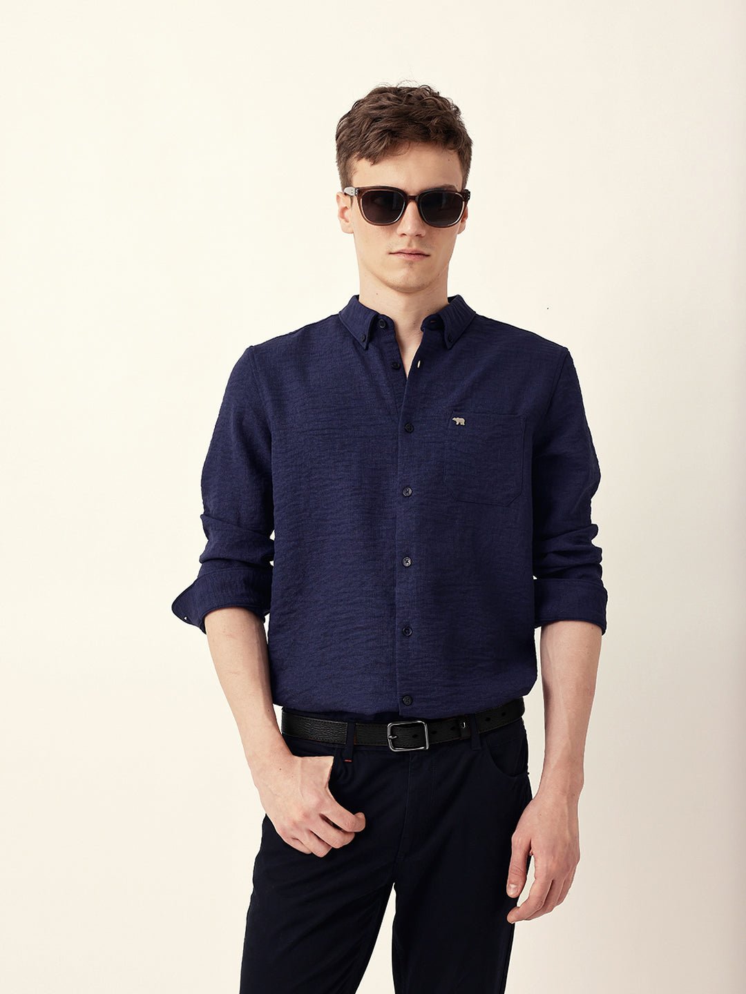 Blue Slim Fit Casual Shirt with Woven Textured Design