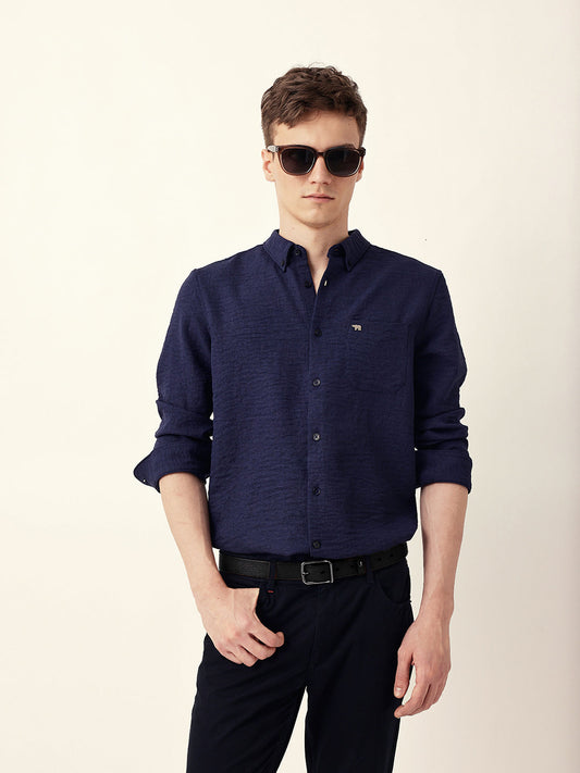 Blue Slim Fit Casual Shirt with Woven Textured Design