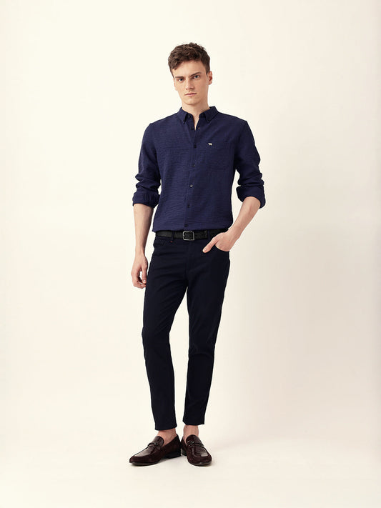 Blue Slim Fit Casual Shirt with Woven Textured Design