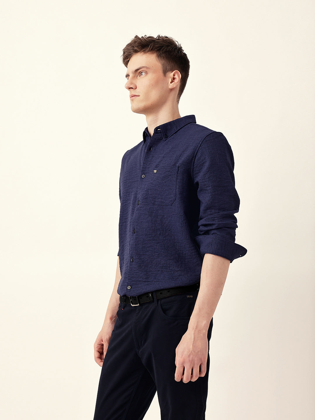 Blue Slim Fit Casual Shirt with Woven Textured Design