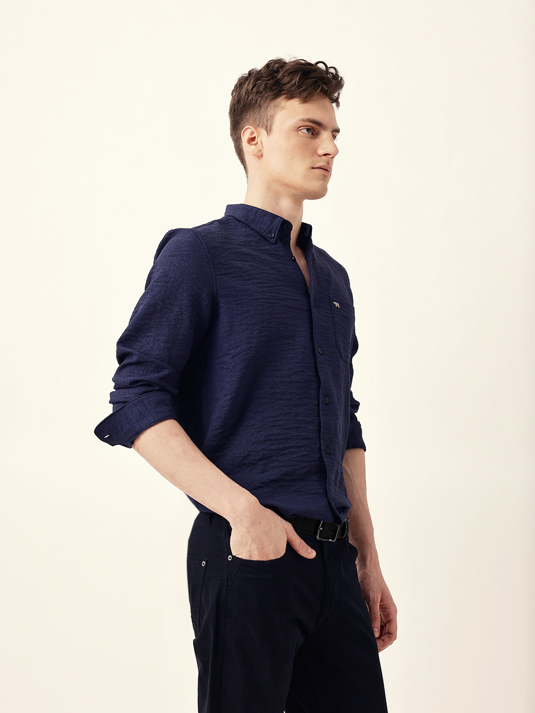 Blue Slim Fit Casual Shirt with Woven Textured Design