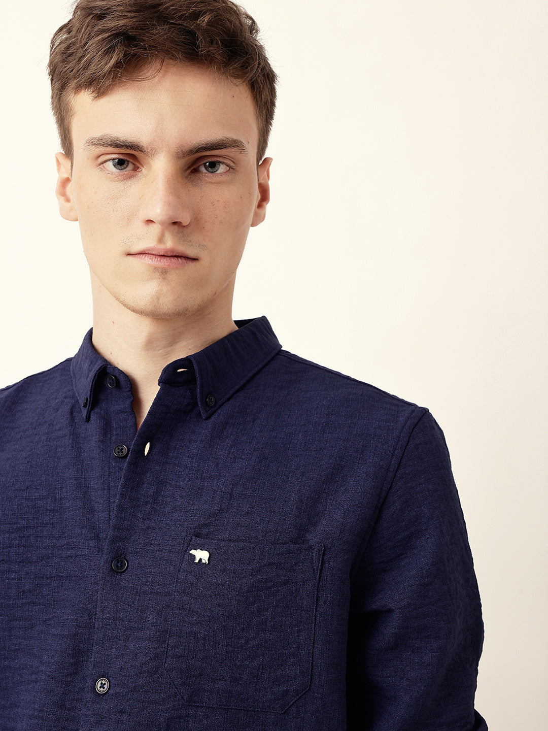 Blue Slim Fit Casual Shirt with Woven Textured Design